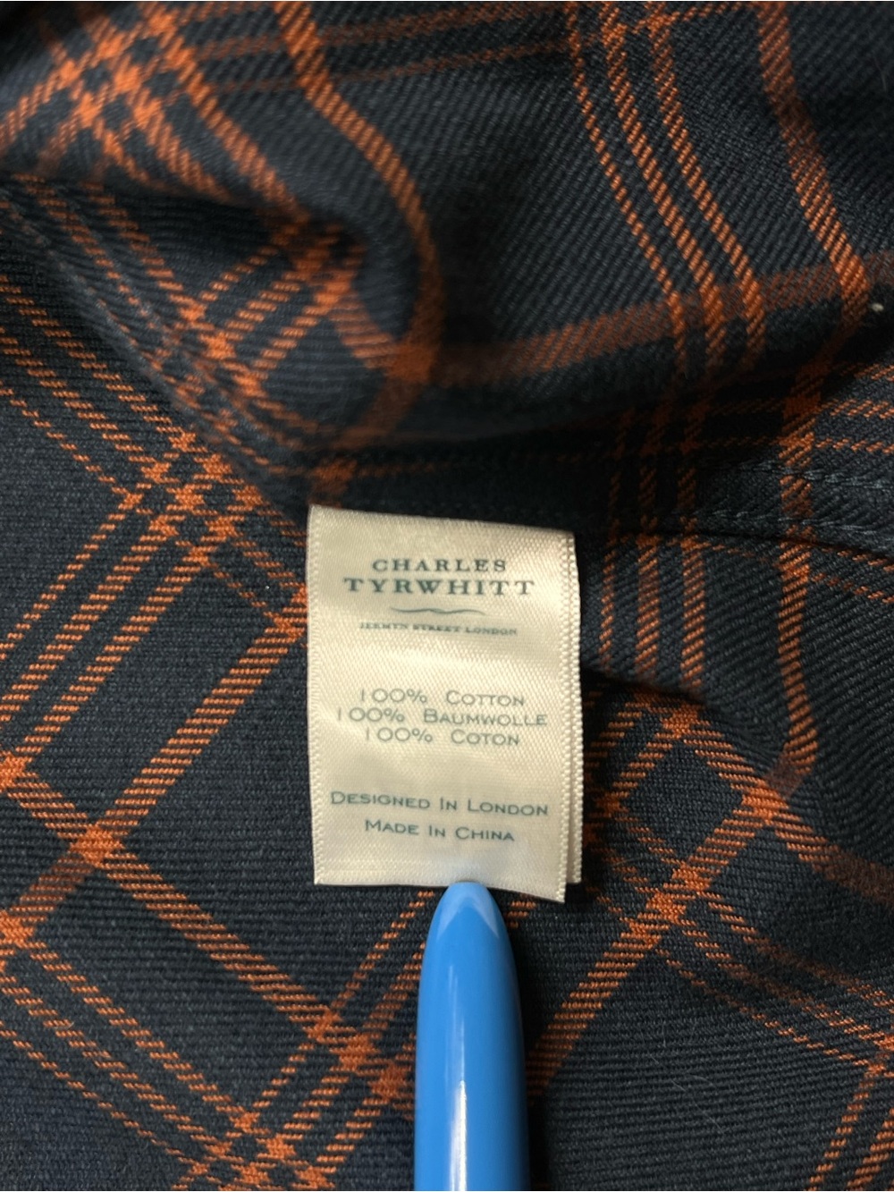 Charles Tyrwhitt Navy & Brown Plaid Twill Button Down Shirt Slim Fit Medium - Picture 4 of 4